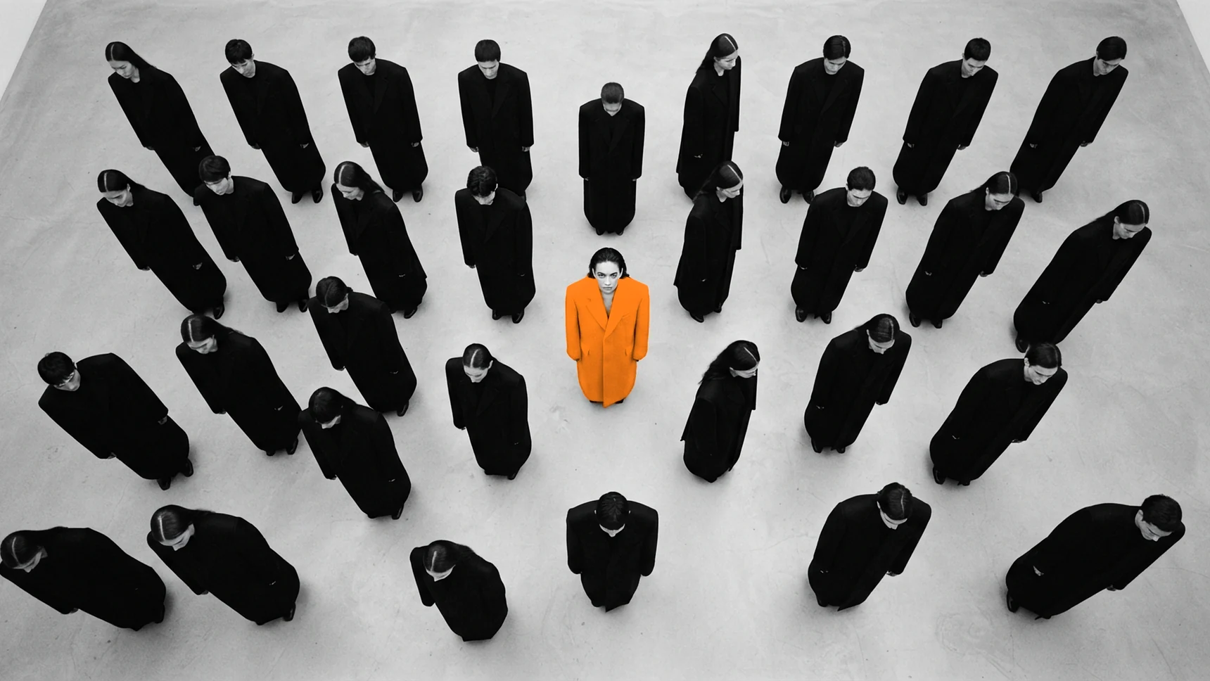 Overhead view of people in black coats; one person in an orange coat looks up at the camera.
