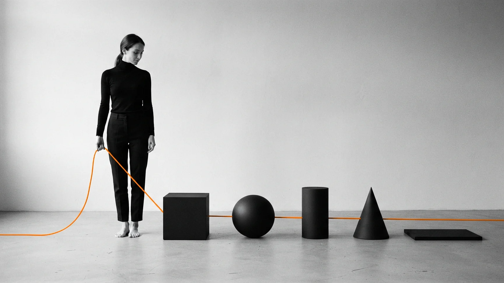 A woman holds an orange cord that connects five separate black geometric objects.