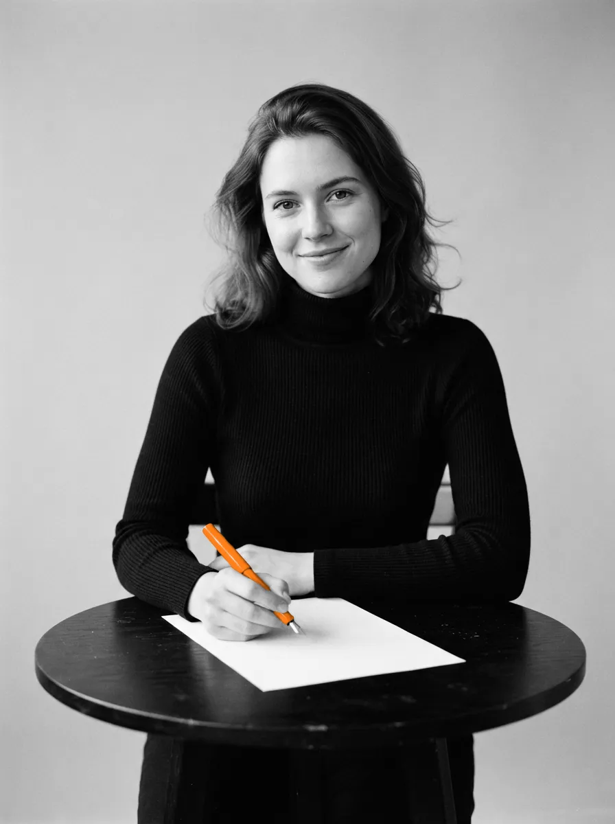 A smiling woman at a round table holds an orange pen over a blank sheet of paper.