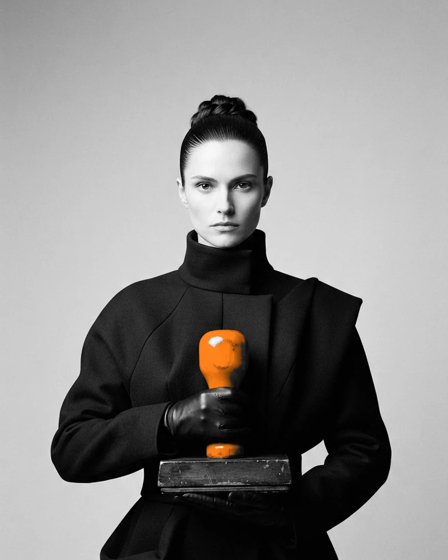 A woman in a black coat and gloves holds an orange rubber stamp over a wooden block.