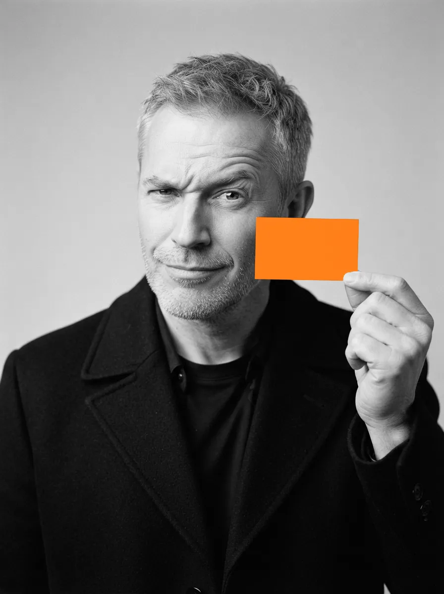 A grey-haired man raises an eyebrow and holds up an orange card.
