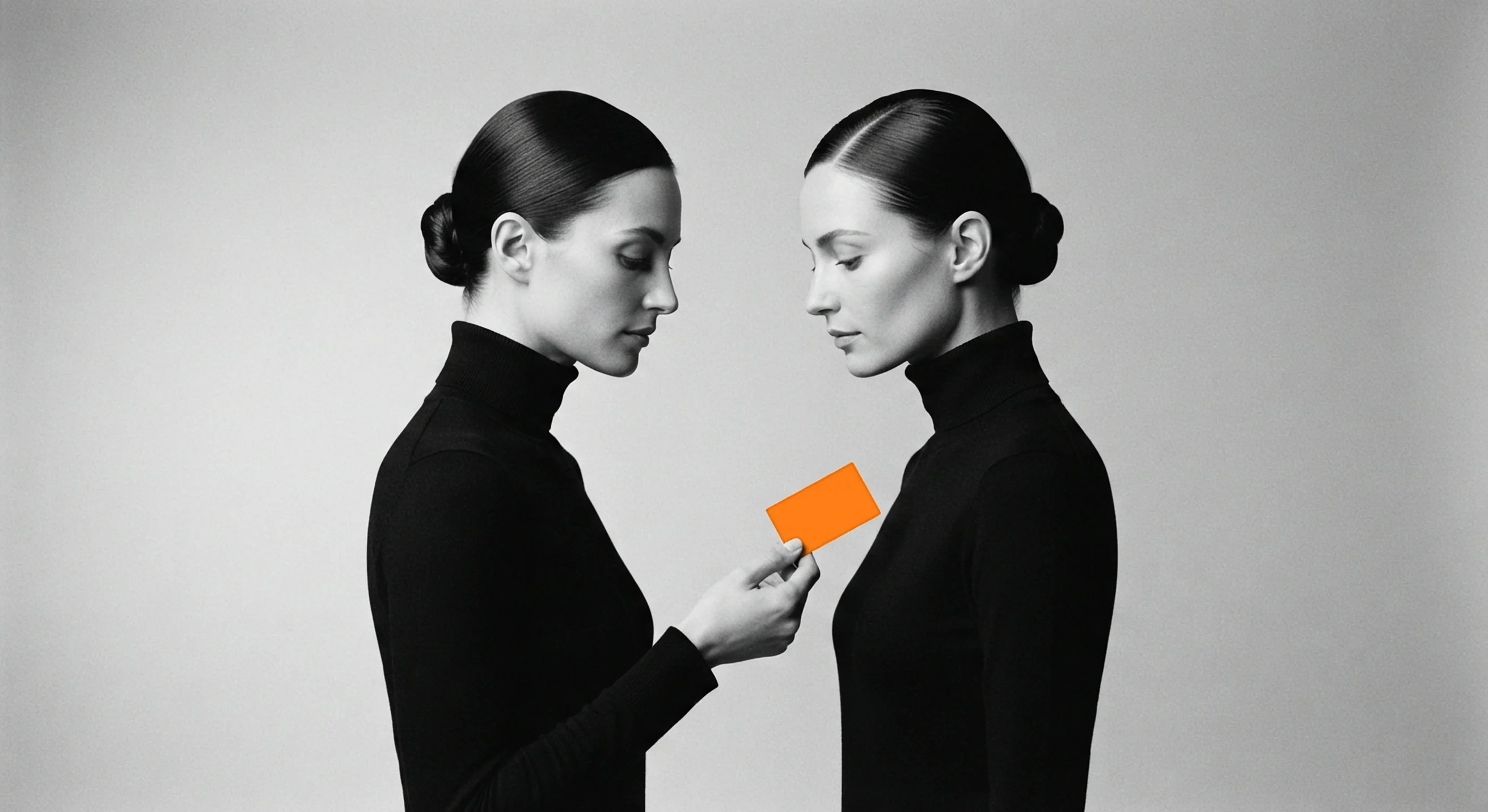 Two identical women in black turtlenecks face each other; one hands the other an orange business card.