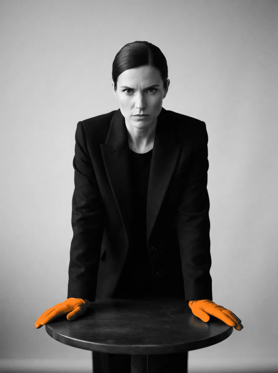 A woman in a black suit leans on a round table with both hands in orange gloves, looking straight at the camera.