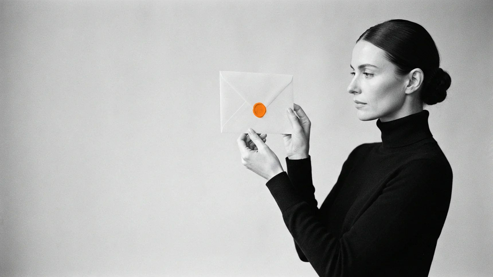A woman studies a sealed white envelope closed with an orange wax seal.